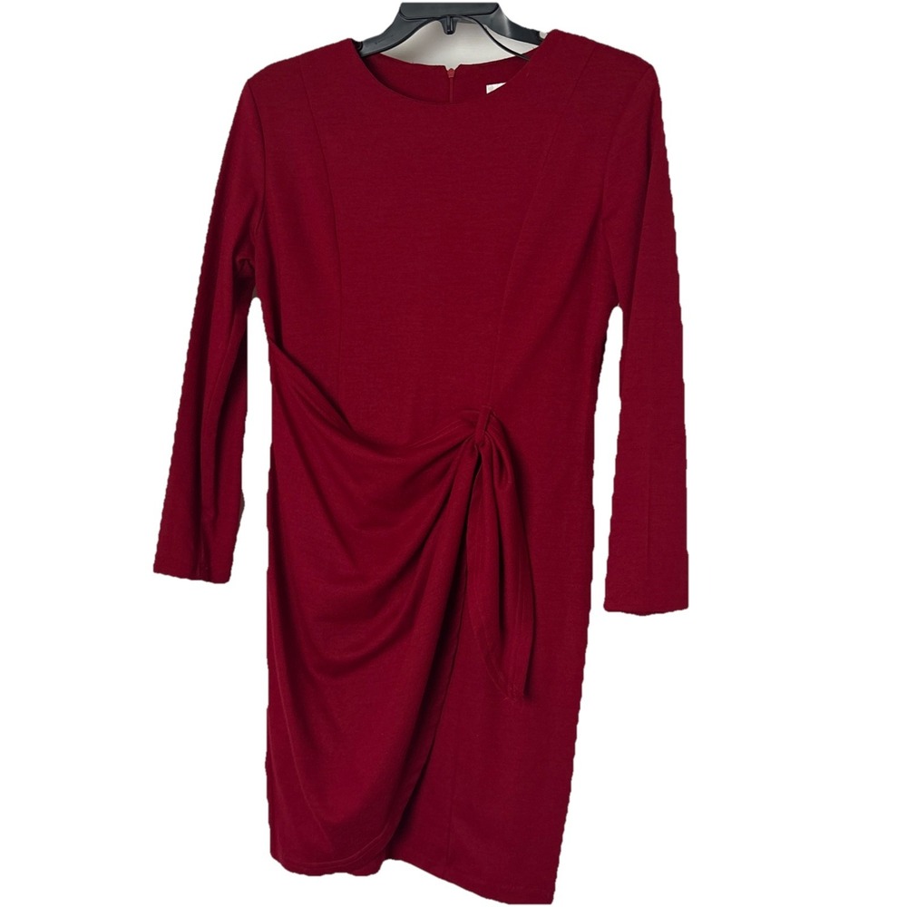 Vintage 100% Wool Red dress Petite 10 long sleeve wrap look detail made in USA